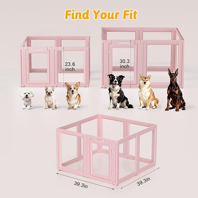 DIY Clear Acrylic Dog Playpen House,Quick Easy Assembly and Disassembly,Strong Floor Suction,Indoor and Outdoor Use,Easy Cleansing Puppy Fence (Skin Pink, 23.6" H, 8PCS)