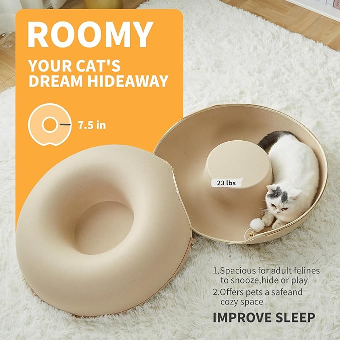 Peekaboo Cat Tunnel for Large Cats up to 30 lbs, Features A Jingle Ball, Removable and Washable Tunnel Bed, and a Cozy Donut Tunnel (Beige, 24 Inches)