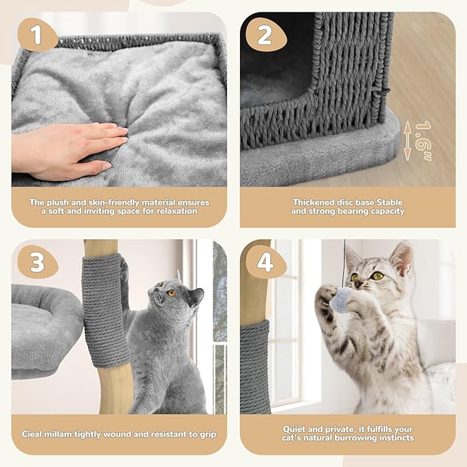 Modern Cat Tree for Indoor Cats - Multi-Level Wooden Tower with Scratching Posts, Large Jumping Platforms, Hanging Toy - Modern Luxury Cat Furniture for Indoor Cats-Grey
