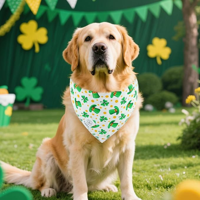 E-Clover St Patricks Day Dog Bandana & Matching Scrunchie Set Cute Girl Dog Scarf Bibs Pet Bandanas with Bow Tie for Small Dogs Puppy Owner Mom Green