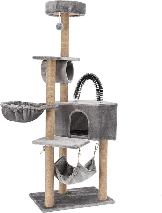 Cat Tree, W23.6*D15.7*H63in Cat Climbing Tower for Indoor Cats, Multi-Layer Cat Condo with Cat House, Hammock, Jumping Platforms, Scratching Posts, Holds 7.5kg/16.5lbs (Grey)
