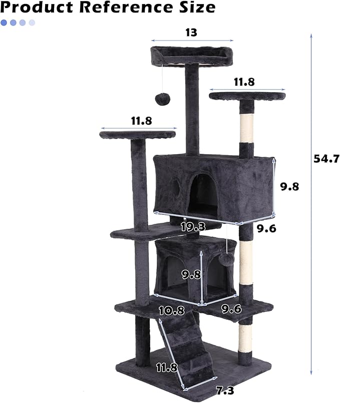 Heavy Duty Cat Tree,54 Inch Tall Cat Tower,2 Cozy Condos,Scratching Posts,Ladders & Sisal Pole,Multi-Level Perches Platforms for Indoor Cats,Sturdy Pet Climbing Furniture,Light Gray