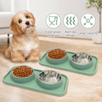 BNOSDM 2 Pcs Double Dog Food Bowls, Stainless Steel Small Dog Food and Water Bowls with Non-Spill Plastic Mat, Pet Cat Feeder Dish Set for Puppy Cats Kitten, Green