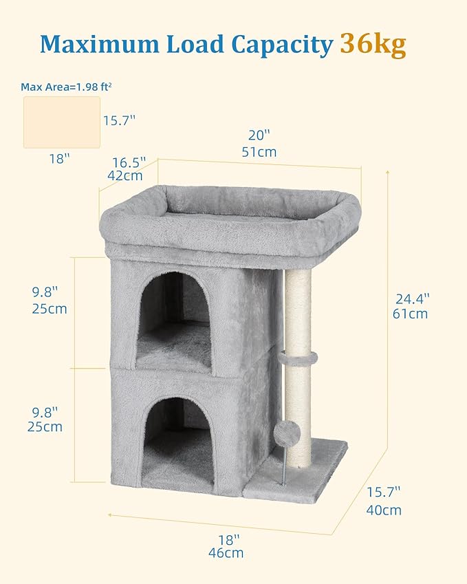 24in Cat Tree Tower with Scratching Post, 19 * 16.5in Window Perch Bed for Large Adult Cats, 2 Small Condo Cubbies for Indoor Kittens, Light Gray