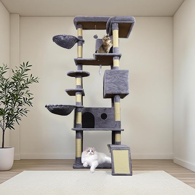 Dark Gray 84in Heavy Duty Cat Tree, Cat Tree Tower for Indoor Cats Large Adult, Extra Cat Tower with 12 Sisal Scratching Post, Large Top Platform, Hammock, Cat Condo for Kittens