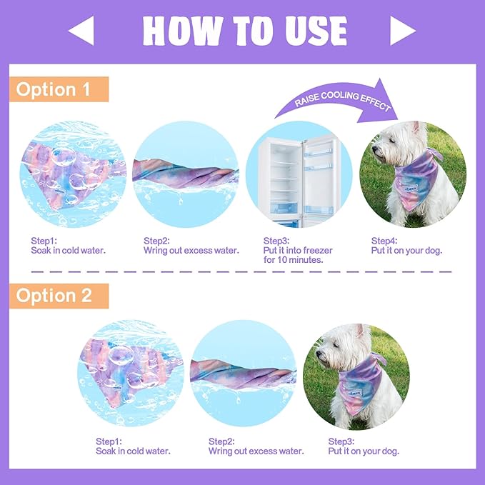 KYEESE 2Pack Dog Cooling Bandana, Breathable Cooling Bandanas for Small Medium Large Dogs, Neck Cooler Wraps for Summer Walking Outdoor, Purple+Blue