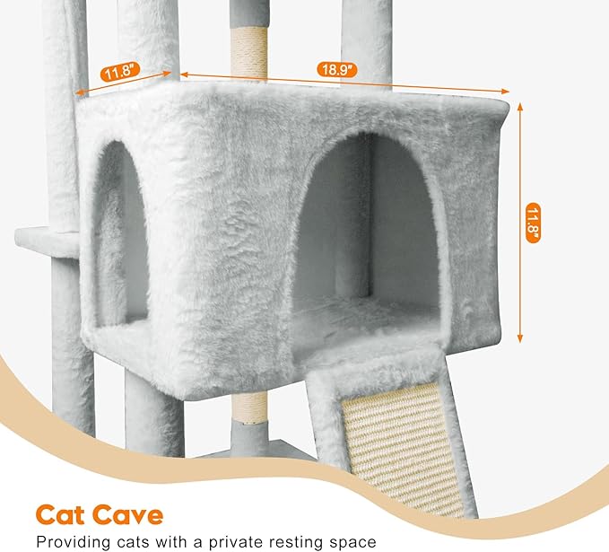 82" Tall Cat Tree,Giant Cat Tree for Indoor Cats Large Adult, Heavy Duty Cat Tree Tower, Extra Large Cat Trees with Scratching Posts, Cat Condos, Hammock,Top Perch,Ramp (Light Grey)
