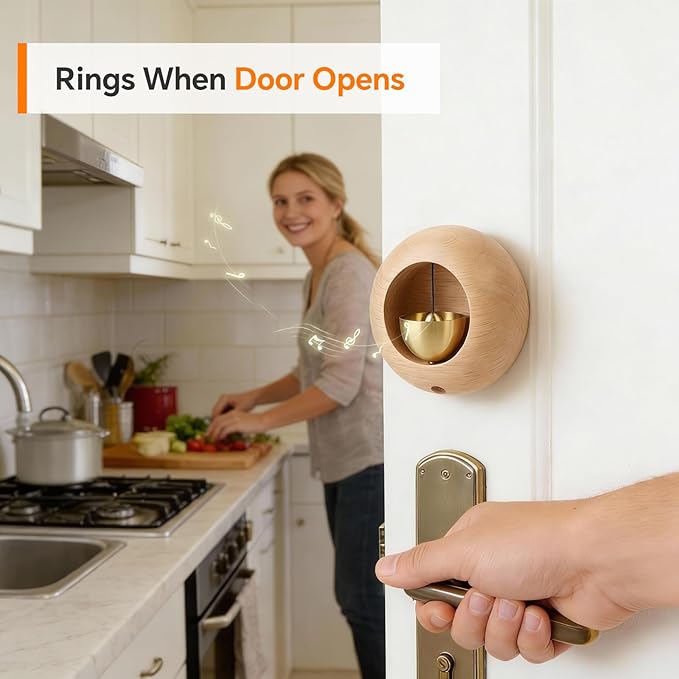Round Shopkeepers Bell for Door Opening – Magnetic Wooden Door Chime & Wireless Brass Doorbell for Business, Office, Fridge – Modern Circular Wind Bell Entry Alert – No Battery