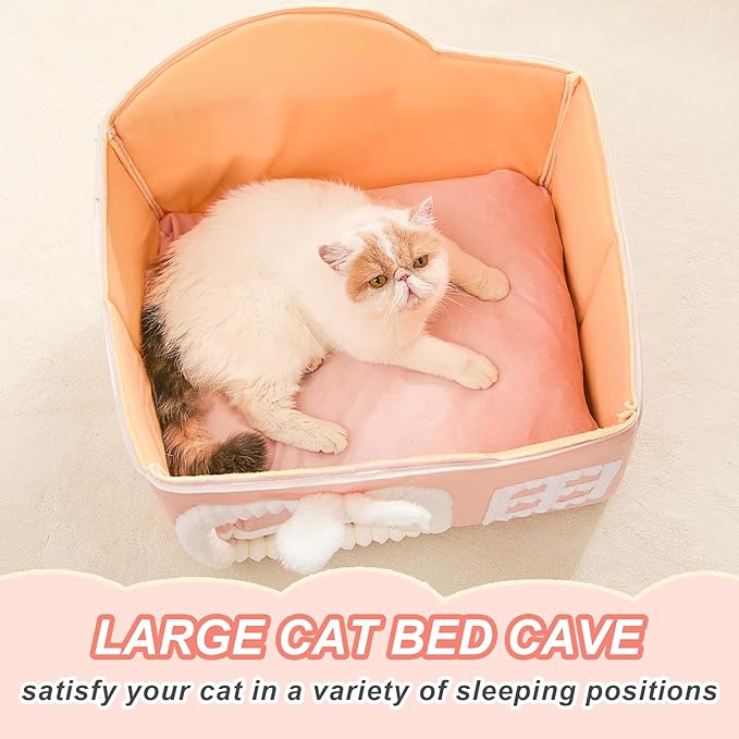 Jiupety Rabbit Cat Houses for Indoor Cats, Chimney Cute Cat Bed Cave, Enough Interior Space, Cartoon Soft Pet House Up to 3-10 lbs Kitten, Pink