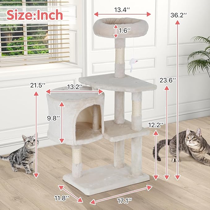 Cat Tree, 36 Inches Indoor Cat Tree Tower Condo, Natural Sisal Cat Scratching Post with Cozy Bed, Small Cats Tree for Kittens, Soft Perch & Cute Toys, Beige