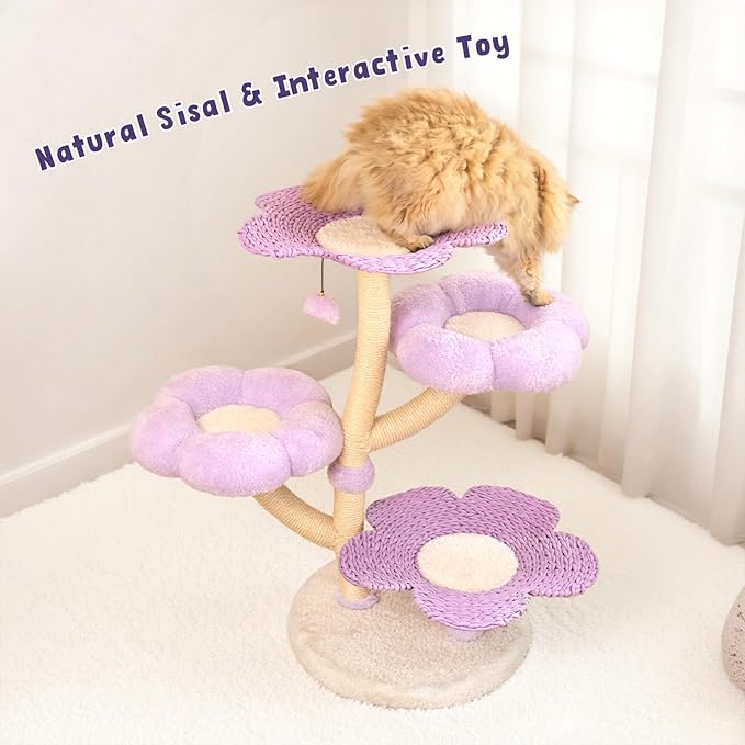 Happy & Polly 35.4 inch Woven Blossom Cat Tree, Fleece Floral Cat Tower with Sisal Scratching Post for Indoor Cats