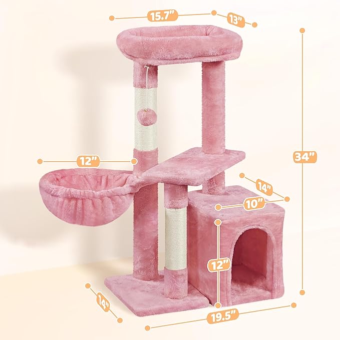 Yaheetech Cat Tree, 34in Cute Cat Tower for Indoor Cats, Multi-Level Pet Condo Furniture Activity Center Cat Bed w/Scratching Post&Dangling Ball&Platform for Kittens, Pink