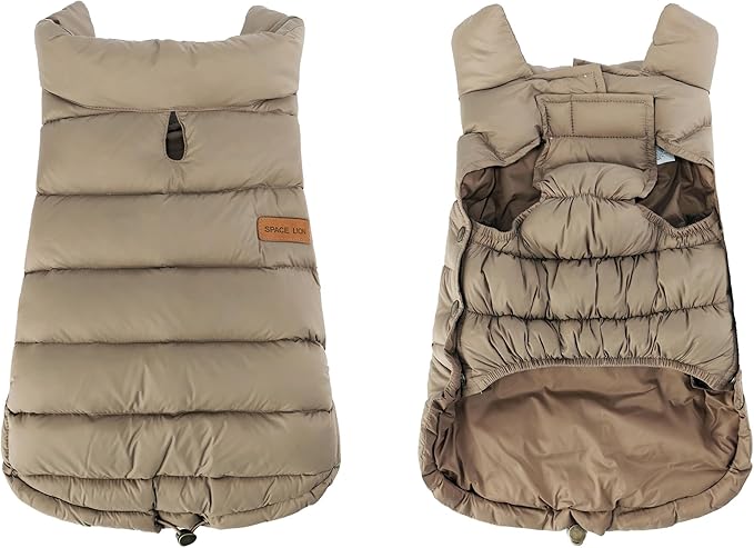 SPACE LION Dog Puffer Jacket, Down Winter Coat, Durable Outdoor Coat for Cold and Windy Conditions, Lightweight & Adjustable Fit Coats for Medium & Large Dogs,(Khaki, Size16/XL)