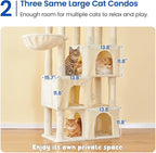 MWPO Large Cat Tree for Indoor Cats, 63-inch Cat Tower with 3 Cat Condos, Scratching Posts, Padded Perches, Hammock, Dangling Toys, Beige