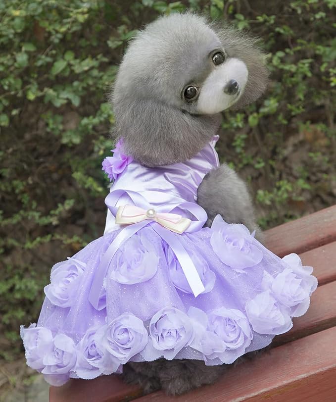Dog Dress Luxury Puppy Skirt Clothes Princess Dresses Wedding Evening Tutu Skirt Rose Flower Bowknot Dresses for Small Dog Girl XL Purple