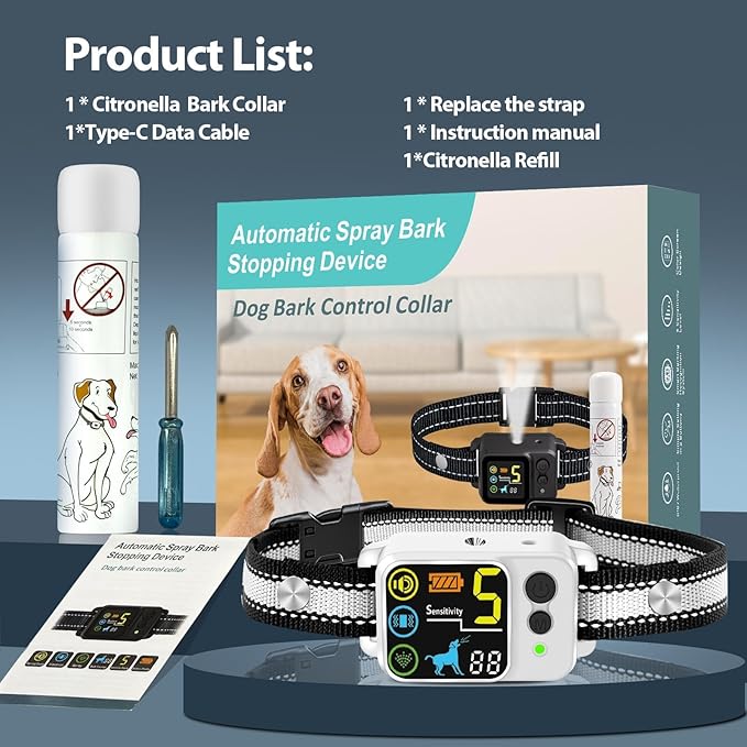 Citronella Bark Dog Collar [1*Refill] Spray Dog Collar, with 5 Adjustable Sensitivity, Beep+Vibration+Spray 5 Working Modes Citronella Bark Collar, IP66 Waterproof Dog Spray Collar for L/M/S