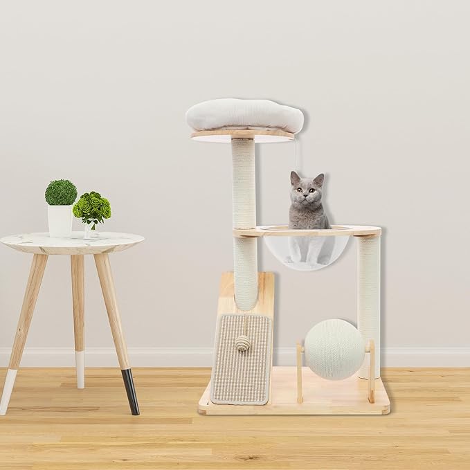 Modern Cat Tree Tower for Indoor, Wooden Multifunctional 38-in Spacious Cat Tower with Bed, Space Capsule, Dangling Ball, Scratching Post, Tilted Angled Ramp