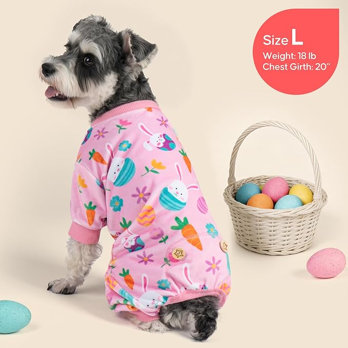 KYEESE Easter Dog Pajamas, Soft Dog Pajamas for Medium Large Dogs Girl, Stretchy Dogs Pjs Velvet Pet Jumpsuit with Eggs & Bunny Pattern, Comfy Lightweight Pet Outfit, Pink, 2XL