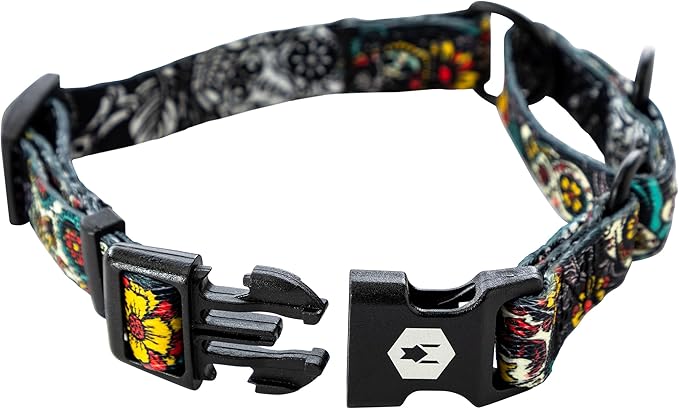 Wolfgang Heavy Duty Martingale Dog Collar with Quick Release Nylon Buckle for Walking & Training, LosMuertos Print, Large