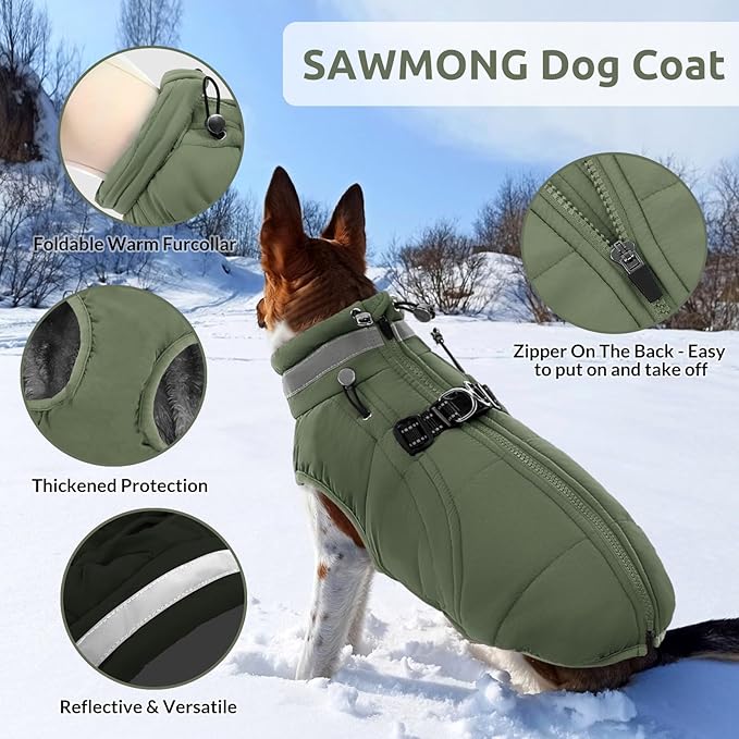 SAWMONG Dog Coat, Warm Dog Winter Coat, Waterproof Fleece Jacket, Cold Weather Dogs Jacket (S,Green)