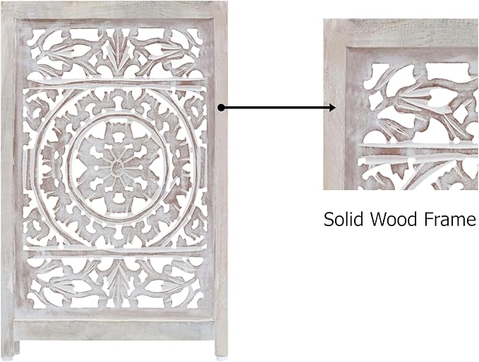Wooden Foldable Pet Dog Safety Gate - 3 Panel 20" W x 24" H - Hand Carved Suzani Free Standing Portable Indoor Puppy Gate - Doorway Hall Stairs Dog Fence - Assembled - White Wash - IRONGATE