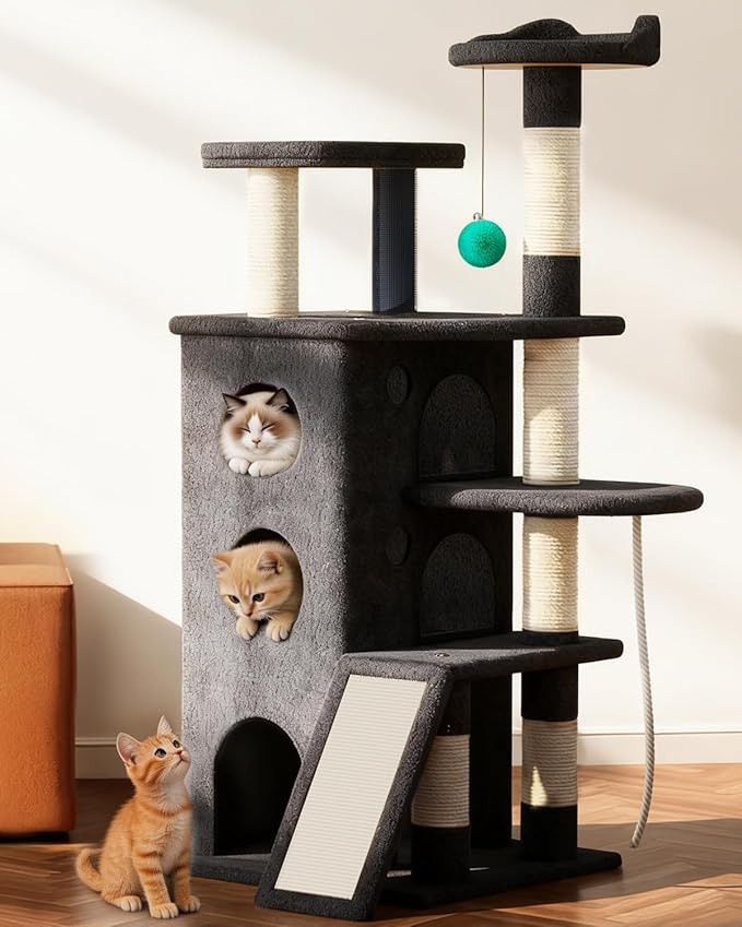 【Tank-Sturdy Tower】 PetDance Heavy Duty Cat Tree for Cats Fits Kittens to XL Maine Coons, Cat Tower with Scratching Posts, Cat Climber with 3 Spacious Hideaway, Dark Gray
