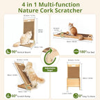 4-in-1 Adjustable Cat Scratch Pad, Nature Cork Scratching mat, 32 inch Foldable Wooden Post. Easy Install, Durable Design for Indoor Cats