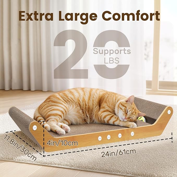 Large Cat Scratching Cardboard Pad, 24" Indoor Horizontal Corrugated Scratcher Bed with Interactive Ball Track, 2-in-1 Reversible Activity Board Lounger for Kitten Claws, Strong High Density