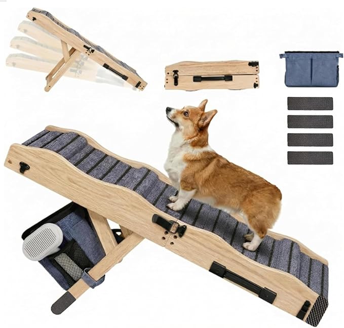 2026 Upgraded Dog Ramp for Couch & Low Bed, 33" L Folding Wood Pet Ramp 200LB Capacity, 4-Level Adjustable Height 11"-20", Non-Slip Sturdy Puppy Ramp for Small & Senior Dogs, Joint Relief, Wavy Design