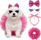 4 Pcs Dog Birthday Outfit Pink Tutu Pearl Necklace Pet Glasses Bowtie Hairpin Dog Girl Birthday Party Supplies for Small to Medium Dogs Pet Wedding Christmas Costume