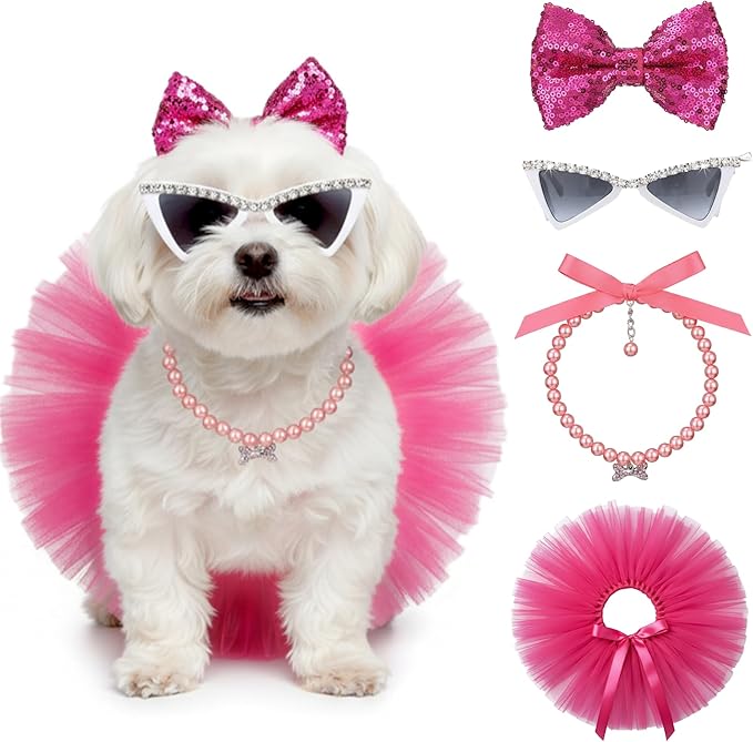 4 Pcs Dog Birthday Outfit Pink Tutu Pearl Necklace Pet Glasses Bowtie Hairpin Dog Girl Birthday Party Supplies for Small to Medium Dogs Pet Wedding Christmas Costume