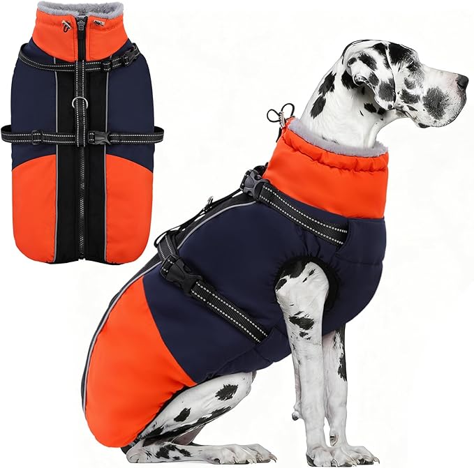 AOFITEE Dog Coats for Large Dogs, Waterproof Dog Winter Jacket with Harness Built in, Warm Large Dogs Coat with Fleece Lined, Zip Up Pets Jackets for Golden Retriever, Weimaraner, Blue 2XL