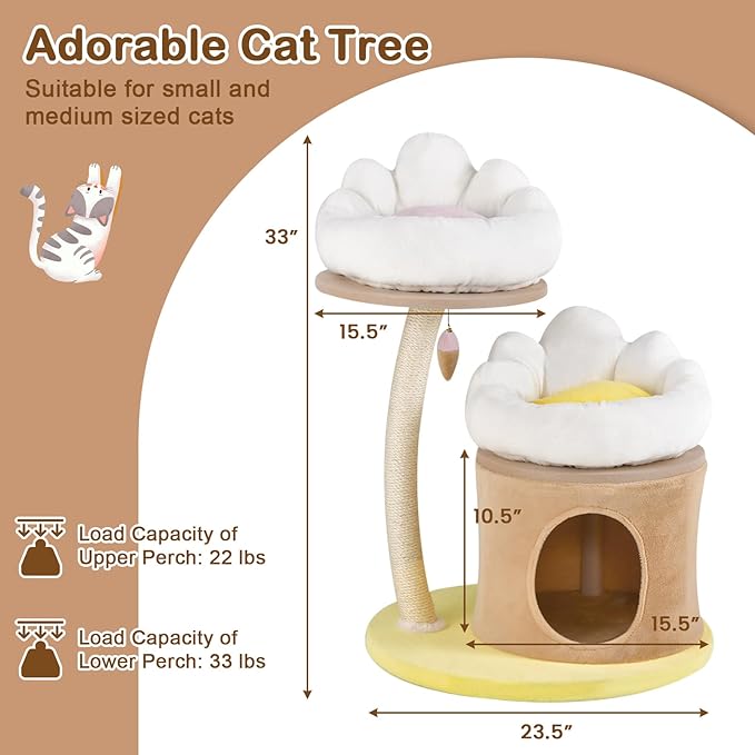 PETSITE 33 Inch Cute Cat Tree, Modern Cat Tower with Sisal Scratching Post, Cat Condo, Interactive Teasing Toy, 2 Removable and Washable Top Perches, Small Cat Tree for Indoor Cats