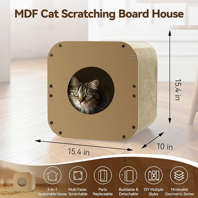Cat Scratcher House, Cozy Cardboard Design, Safe and Secure for Kittens, Eco-Friendly,Plain Board (Square)