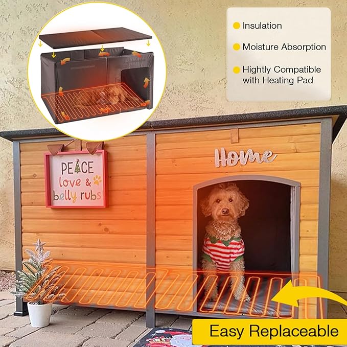 59.1" Extra Large Heated Dog House with Electric Heating Pad,Outdoor & Indoor Dog Kennl with Insulated Liner Keep Warm in Winter, Waterproof Pet Shelter, Strong Metal Frame