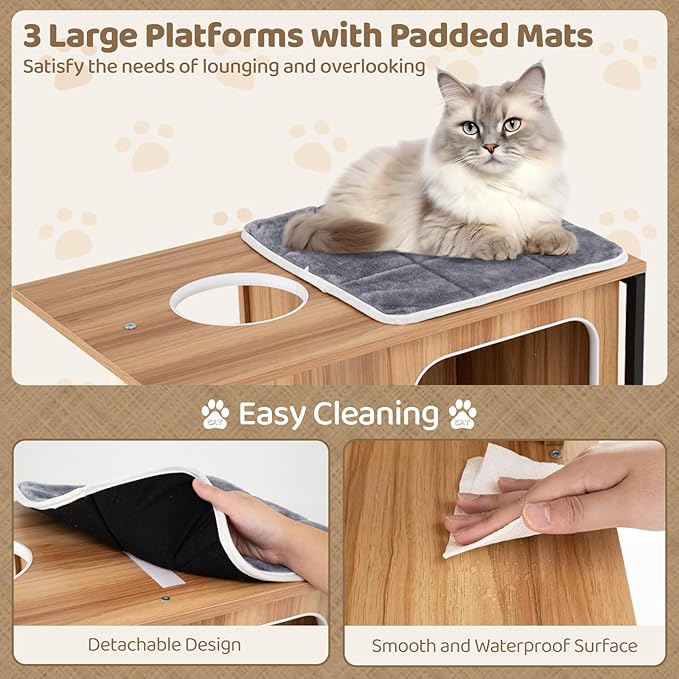 Tangkula Modern Cat Tree, 52 Inch Wooden Cat Condos with Metal Frame, Sisal Scratching Posts & Board, Washable Cushions, Multi-Level Cat Tower for Indoor Cats & Kittens (Natural)