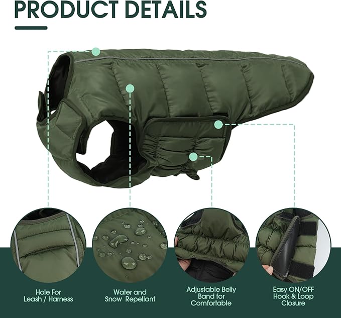 Kuoser Dog Puffer Jacket Warm Dog Coat for Small Dogs, Windproof Reflective Pet Padded Vest Cold Weather Clothes Puppy Snowsuit with Hook & Loop Coats, Easy On/Off, Green S
