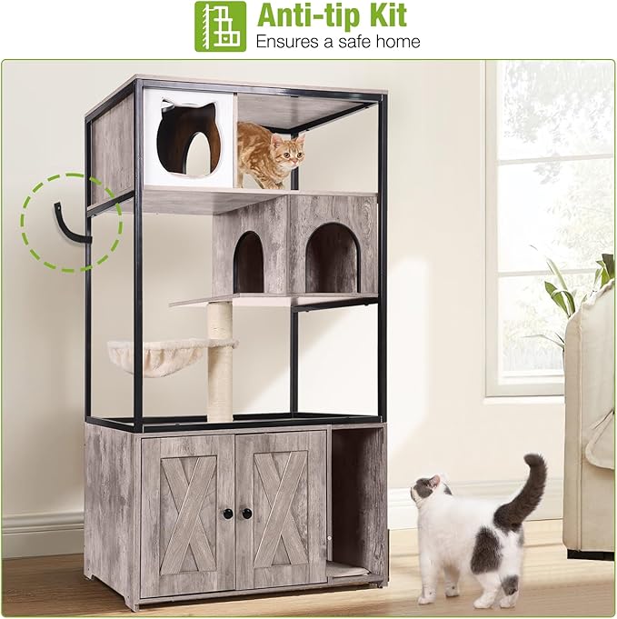 GUTINNEEN Cat Litter Box Enclosure Cat Tree with Hidden Litter Box Furniture with Scratching Post, Hammock, and Mat 57.5 Inch (Nature)