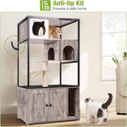 GUTINNEEN Cat Litter Box Enclosure Cat Tree with Hidden Litter Box Furniture with Scratching Post, Hammock, and Mat 57.5 Inch (Nature)