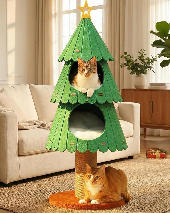 42.9 Inch Cat Tree for Indoor Cats, Cute Cat Tower with 2 Cozy Houses, Holiday Kitty Climbing Furniture for Kittens to Play and Sleep