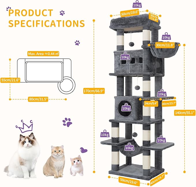 Cat Tree, 66.9" Large Cat Tower for Indoor Cats, Multi-Level Cat House with Condo, 8 Scratching Posts, Hammock, 4 Pom Poms, Dark Grey MS17018SG