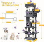 Cat Tree, 66.9" Large Cat Tower for Indoor Cats, Multi-Level Cat House with Condo, 8 Scratching Posts, Hammock, 4 Pom Poms, Dark Grey MS17018SG