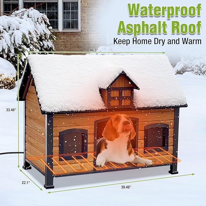 GUTINNEEN Heated Dog House for Large Dogs Outdoor Insulated Dog Kennel with Heater for Winter,All-Around Strong Iron Frame