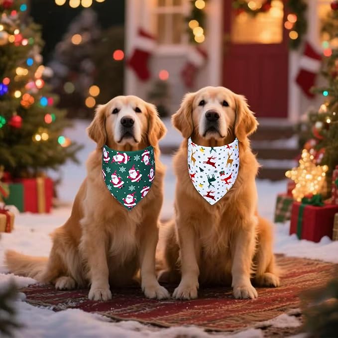 Christmas Dog Bandanas 2-Pack for Medium to Large Dogs - Reversible Santa & Reindeer Prints Scarf, Gift for Dog Lovers
