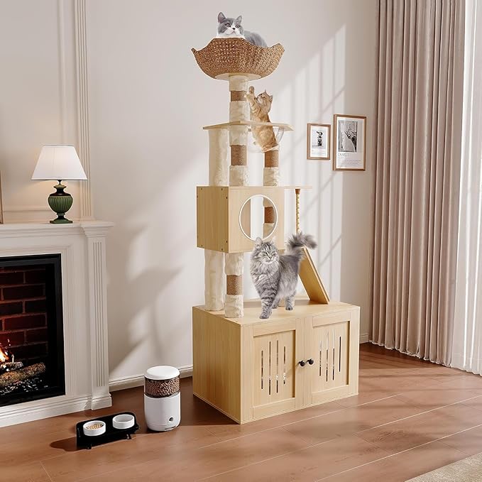 Tall Cat Tree with Litter Box Enclosure, 66.9-Inch Cats Condo, Multi-Level Perch & Scratching Posts for Cat