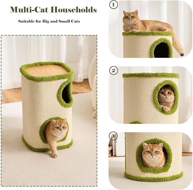 Cat House for Indoor Cats with Scratchable Sisal Material,2 Hideaways & 3 Soft Pads – Sturdy Multi-Level Cat Condo &Space-Saving Furniture for Multiple Pets, Easy to Assemble