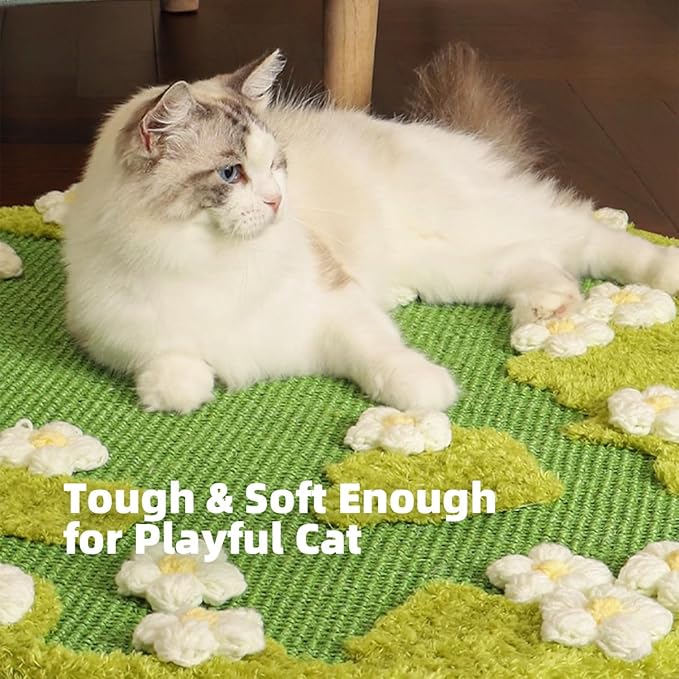 31 x 31 Inch 3D Garden Cat Scratcher Mat, Flower Sisal Cat Scratch Pad, Floor Cat Scratching Pads Rug for Indoor Cats, Protector for Wall&Carpets&Sofas, Green Moss Cat Claw Pad (White Flowers)
