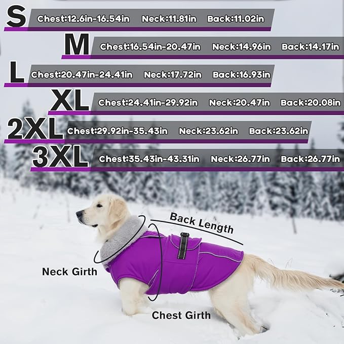 Lelepet Warm Dog Winter Coats for Medium Dogs Waterproof Dog Jacket Reflective Pet Fleece Vest Windproof Cold Weather Coats with Adjustable Buckle & Leash Hole, Purple, M