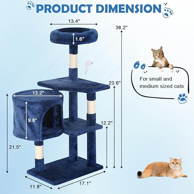 Cat Tree 36 Inch Cat Tower for Indoor Cats with Scratching Post,Padded Perch,Hanging Toys for Kittens & Adult Cats,Beige (Navy Blue)