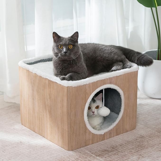 LUCKITTY Cat Condo House with Reversible Cushions and Fluffy Ball Hanging, Foldable Cat Cube, Large Cave Bed for Indoor Kittens, Brown Wood Grain Pattern